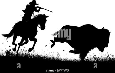 Editable vector silhouette of a cowboy on horseback chasing and about to shoot an American buffalo Stock Vector