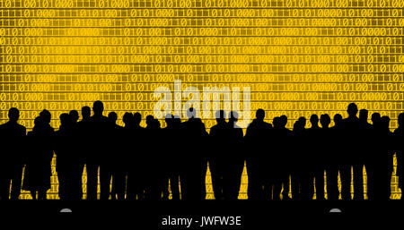 silhouetted group of business people and binary code over light beam Stock Photo
