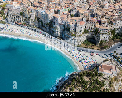 Aerial view of Tropea, house on the rock and Sanctuary of Santa Maria dell'Isola, Calabria. Italy. Tourist destinations