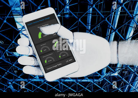 Internet of things , artificial intelligence , industry 4.0 technology network concept. Robot ai hand using white phone to control system power usage  Stock Photo