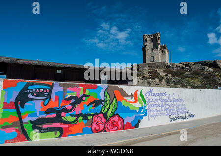 Santa Catalina Castle in Tarifa, an observation tower constructed in 1931 on a small hill overlooking the beaches of Playa Chica and Los Lances Stock Photo