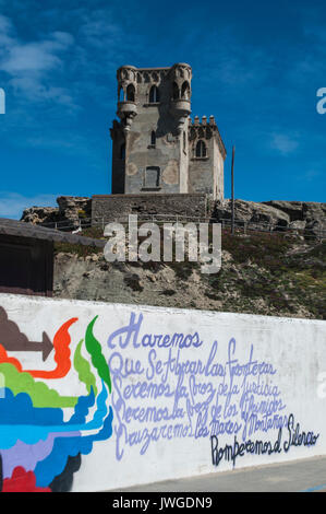 Santa Catalina Castle in Tarifa, an observation tower constructed in 1931 on a small hill overlooking the beaches of Playa Chica and Los Lances Stock Photo