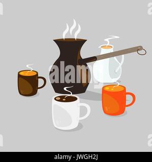 Three coffee cups with hot coffee with cream and coffee pot Stock Vector
