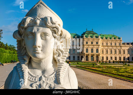 Belvedere Palace Vienna, head of a Greco-Roman styled sphinx statue sited in the formal gardens of the Schloss Belvedere palace in Vienna, Austria. Stock Photo