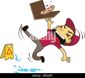 Pizza boy slipping on wet floor vector illustration Stock Vector