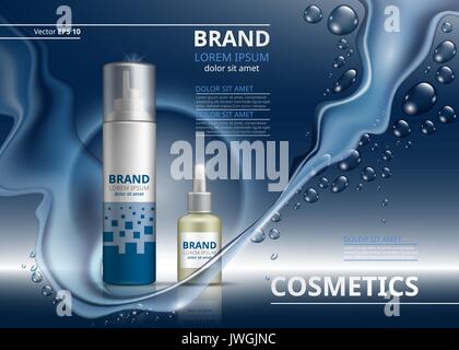 Cosmetic package ads template. Shampoo or gel and oil bottles. Mockup 3D Realistic illustration. Sparkling water drops backgrounds Stock Vector