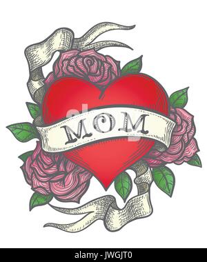 Heart with rose flowers and ribbon with wording MOM. Retro tattoo vector illustration Stock Vector