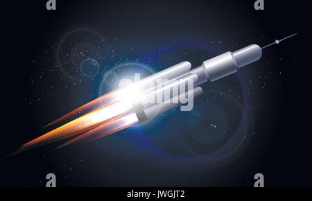 Rocket flying in the space against planet. Vector illustration Stock Vector