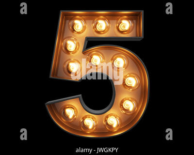 Light bulb glowing digit alphabet character 5 five font. Front view illuminated number 1 symbol on black background. 3d rendering illustration Stock Photo