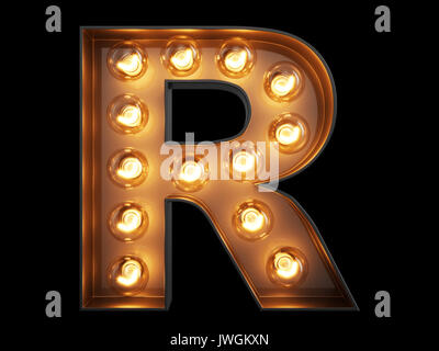 Light bulb glowing letter alphabet character R font. Front view illuminated capital symbol on black background. 3d rendering illustration Stock Photo