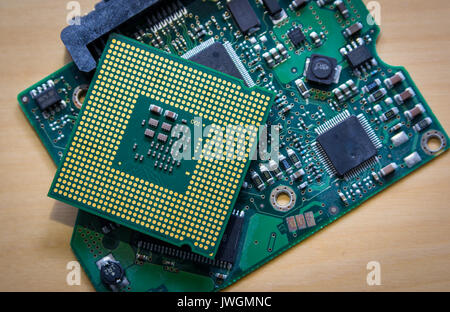 Technology background with computer processors CPU concept blue circuit board texture Stock Photo