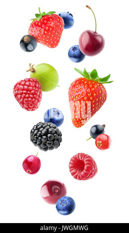 Isolated falling berries. Mixed fruits in the air (blueberry, blackberry, raspberry, strawberry, gooseberry, cherry, black and red currants) isolated  Stock Photo