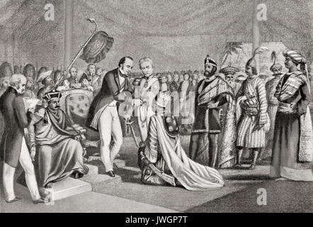 The Rajas of Rewa, Benares and Chikari being decorated for their loyalty to the English during the Indian Mutiny by Lord Canning at Cawnpore in 1859.  Charles John Canning, 1st Earl Canning, 1812 – 1862 aka The Viscount Canning.  English statesman and Governor-General of India during the Indian Rebellion of 1857.  From Hutchinson's History of the Nations, published 1915. Stock Photo