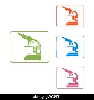 Stylized vector icons of microscope in different colors. Magnifying device sign. Laboratory equipment symbol. Stock Vector