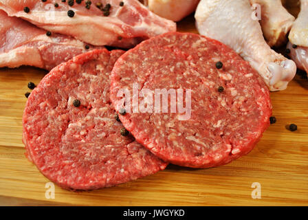 Raw Beef Burgers with Whole Peppercorns Stock Photo
