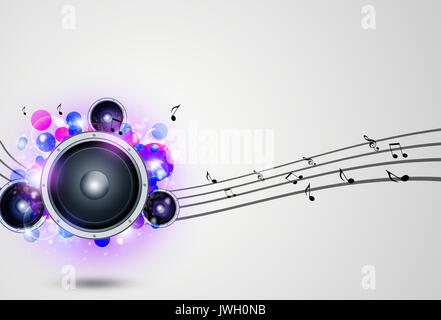 sound speaker multicolor music background with muisc notes and lights Stock Photo