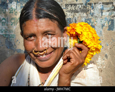 Indian Adivasi flower seller with three golden nose rings shows her Marigold flowers and smiles for the camera. Stock Photo