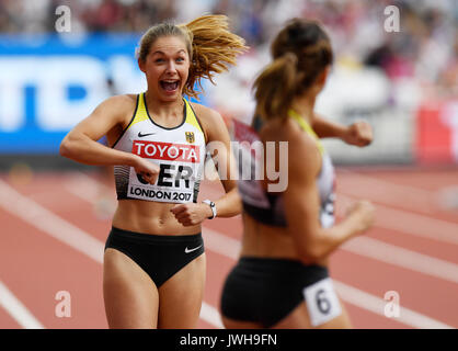 London, UK. 12th Aug, 2017. German athletes Gina Lückenkemper (L) and Rebekka Haase celebrate after competing in the 4 x 400 metre relay race event at the IAAF World Championships in London, UK, 12 August 2017. Photo: Bernd Thissen/dpa/Alamy Live News Stock Photo