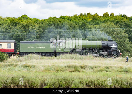 Essex, UK. 12th Aug, 2017. Watched by clumps of spectators along the way, steam locomotive 60163 Tornado runs alongside the River Colne, shuttling between Colchester Town and Walton-on-the-Naze to mark the 150th anniversary of the arrival of the first railway in Walton. Credit: Gary Eason/Alamy Live News Stock Photo
