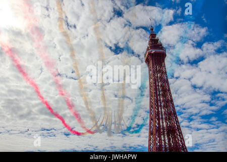 Blackpool, Lancashire, UK. 12th Aug, 2017. Red Arrows at Blackpool Air Show. Credit; MediaWorldImages/AlamyLiveNews Stock Photo