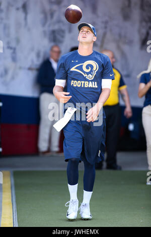 August 12, 2017 Los Angeles, CA.Jared Goff taking the field for warm ups for the Dallas Cowboys vs Los Angeles Rams at the Los Angeles Memorial Coliseum in Los Angeles, Ca on August 12, 2017. (Absolute Complete Photographer & Company Credit: Jevone Moore/MarinMedia.org/Cal Sport Media (Network Television please contact your Sales Representative for Television usage. Stock Photo