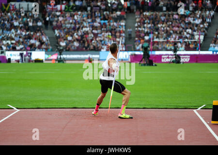 London, UK. 12th Aug, 2017.  Dominik Distelberger, Austria, in the men's decathlon javelin on day nine of the IAAF London 2017 world Championships at the London Stadium. Credit: Paul Davey/Alamy Live News Stock Photo