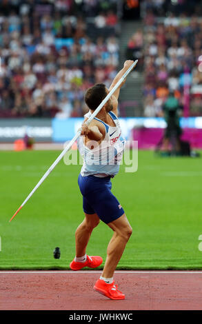 London, UK. 12th Aug, 2017.  Ashley Bryant, Great Britain, in the men's decathlon javelin on day nine of the IAAF London 2017 world Championships at the London Stadium. Credit: Paul Davey/Alamy Live News Stock Photo