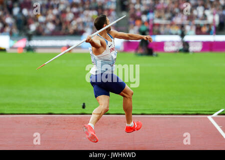 London, UK. 12th Aug, 2017.  Ashley Bryant, Great Britain, in the men's decathlon javelin on day nine of the IAAF London 2017 world Championships at the London Stadium. Credit: Paul Davey/Alamy Live News Stock Photo