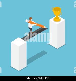 Flat 3d isometric businessman drawing bridge by pencil leading to the winner trophy. Create path to success concept. Stock Vector