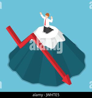 Flat 3d isometric businessman stuck on the top of mountain. Investment risk and business crisis concept Stock Vector
