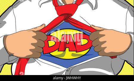 Man in superhero suit opening shirt to show DAD word on his chest. Comic book style vector illustration. Stock Vector