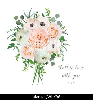 Flower floral vector bouquet of garden pink Rose Anemone Ranunculus flowers, botanical natural Eucalyptus branch, Ruscus leaves Illustration on white. Stock Vector