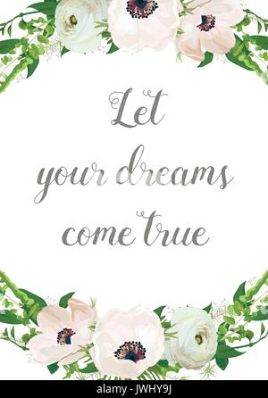 Vector floral design card design. Soft light pink anemone ranunculus eucalyptus green seasonal plant leaves mix. Greeting invite wedding invitation Stock Vector