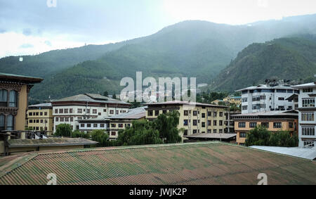 Thimphu, Bhutan - Aug 29, 2015. Buildings located at downtown in Thimphu, Bhutan. In South Asia, Bhutan ranks first in economic freedom, ease of doing Stock Photo