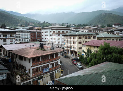 Thimphu, Bhutan - Aug 29, 2015. Buildings located at business district in Thimphu, Bhutan. In South Asia, Bhutan ranks first in economic freedom, ease Stock Photo