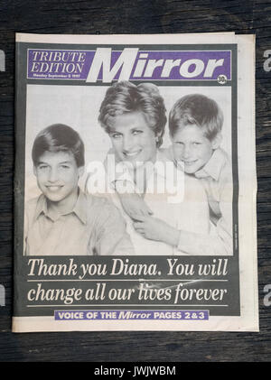 London, England - August 12, 2017: British Newspaper The Mirror reporting the Funeral of Princess Diana from September 1997. Stock Photo