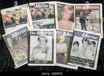 British Newspaper front covers reporting the Death of Princess Diana from September 1997. Stock Photo
