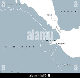 Bab el Mandeb Strait region political map. English labeling. Connects Red Sea and Gulf of Aden between Yemen, Djibouti and Eritrea. Illustration.