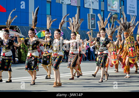 Kota Kinabalu, Malaysia - August 31, 2016: Indigenous Malaysian from Sabah Borneo in their traditional costumes participate in 59th Independence day i Stock Photo