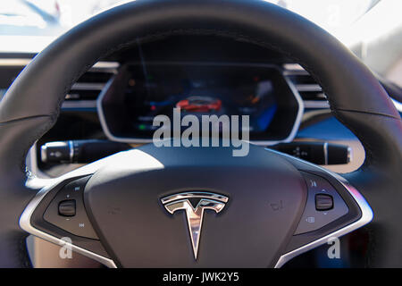 Steering wheel and dashboard of a Tesla Model S P100D Stock Photo