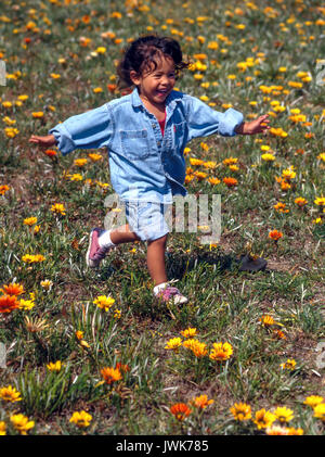 Small pre-k girl running in grassy flower field summer child,3, Stock Photo