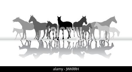 Group of isolated black and grey standing silhouettes of horses (mares and foals)  with their reflection on white background. Vector illustration. Stock Vector