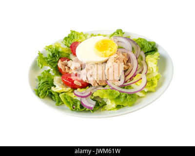 Tuna salad with lettuce leaves, cherry tomatoes, egg and sweet onion on the plate side view isolated on white Stock Photo