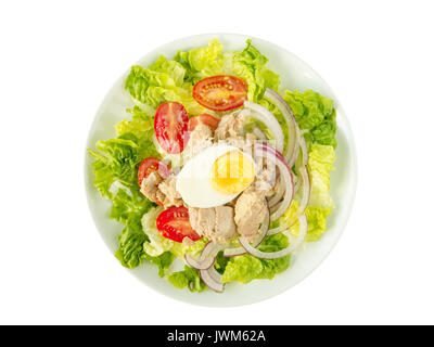 Tuna salad with lettuce leaves, cherry tomatoes, egg and sweet onion on the plate top view isolated on white Stock Photo