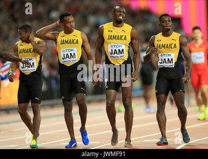 Jamaica's 4x100m Relay Team, Julian Forte, Yohan Blake, Usain Bolt and Omar McLeod react after Bolt falls during day nine of the 2017 IAAF World Championships at the London Stadium. Stock Photo