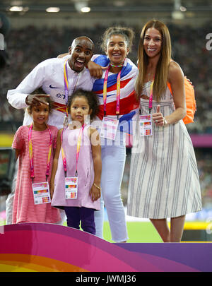 Great Britain's Mo Farah on the podium with wife Tania and daughters Rhianna, Amani and Aisha after winning silver in the Men's 5000m Final during day nine of the 2017 IAAF World Championships at the London Stadium. Picture date: Saturday August 12, 2017. See PA story ATHLETICS World. Photo credit should read: Yui Mok/PA Wire. Stock Photo