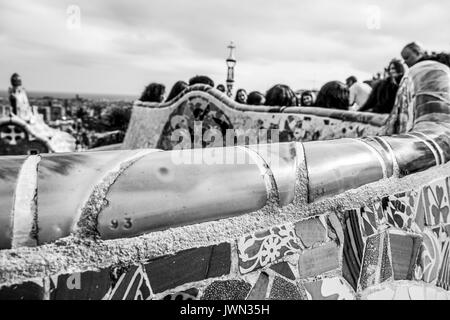 The amazing mosaic benches at Park Guell in Barcelona - BARCELONA / SPAIN - OCTOBER 2, 2016 Stock Photo