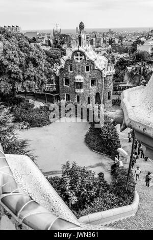 The amazing mosaic benches at Park Guell in Barcelona - BARCELONA / SPAIN - OCTOBER 2, 2016 Stock Photo