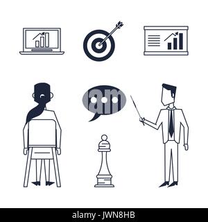 white background with monochrome corporate business icons with executive man and woman Stock Vector