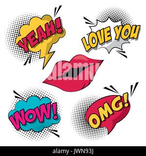 white background elements pop art style with halftone and lips with callout and text inside Stock Vector